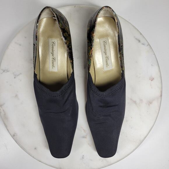 VTG Carriage Court Coco Heels Womens 7.5 Wide Black Reptile Leather Square Toe - Picture 7 of 15